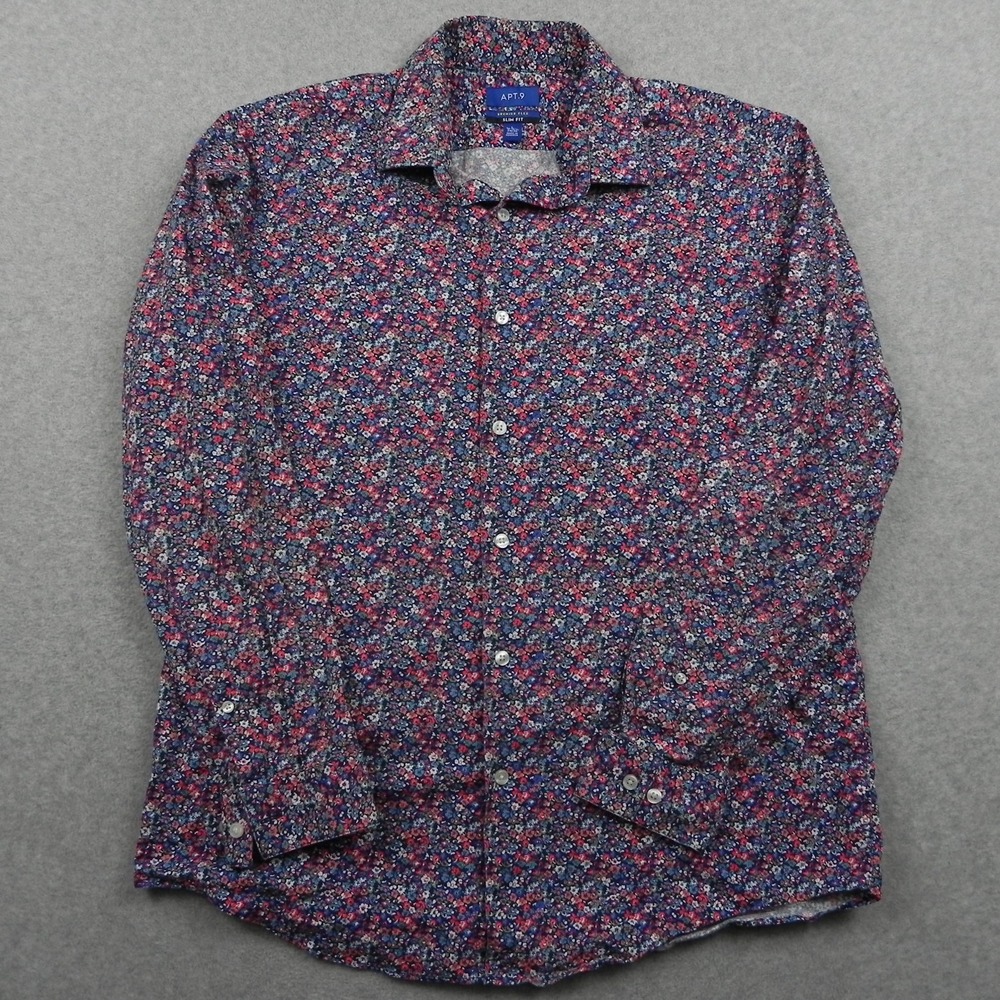 Apt 9 Shirt Mens Large 16-16.5 34/35 Premier Flex Slim Fit Button Up Long Sleeve